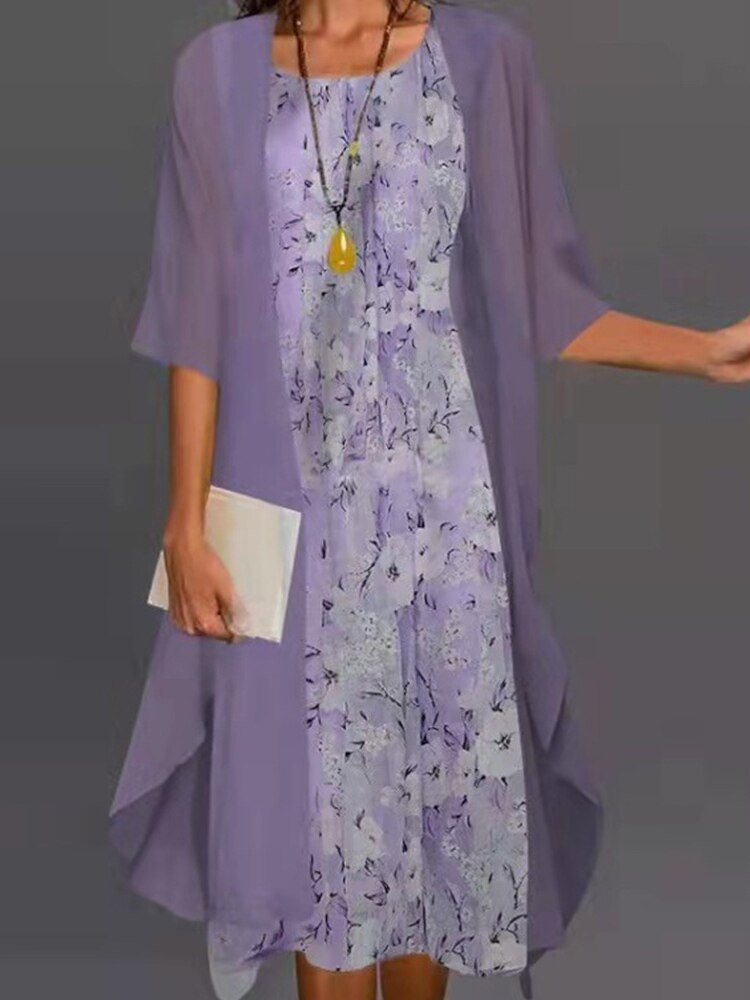 Retro Women Dresses 2022 2Pcs Set Vestidos Sets Vintage Flower Spring Autumn Robe Chiffon Cardigan Casual Midi Femal